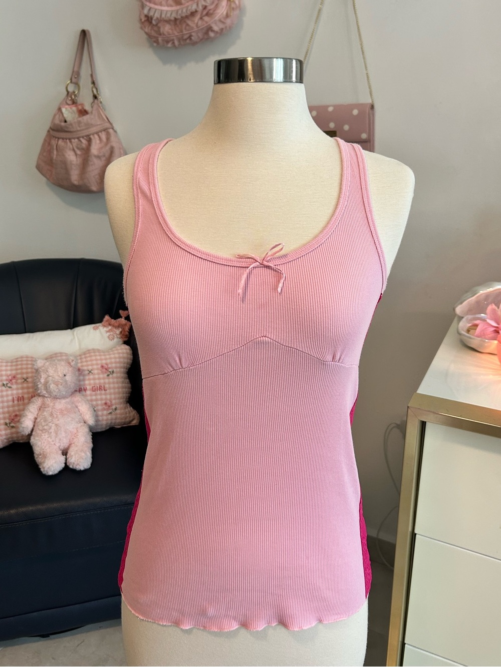 Y2K Pink Ribbed Lace Tank Top with Bow Accent
